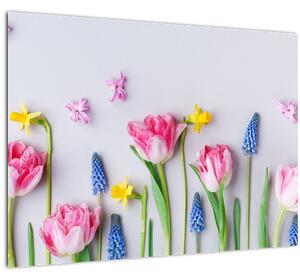 Tablou pe sticlă - Flori de primăvară (70x50 cm)