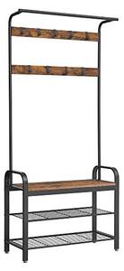 Cuier cu bancuta si suport pantofi Model Felix, Maro Rustic/Negru, 33.7x84x183 cm