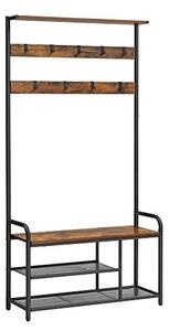 Cuier cu bancuta si suport pantofi Model Benjamin, Maro Rustic/Negru, 85x30x180.5 cm