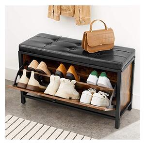 Bancheta cu suport pantofi Model Aleah, Maro rustic / Negru, 80x30x51 cm