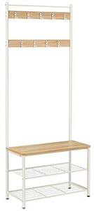 Cuier cu bancuta si suport pantofi Model Hobbs, Alb/Natur, 70×32×175 cm