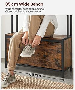 Cuier cu bancuta si suport pantofi Model Cervantes, Maro Rustic/Negru, 85x30x180 cm