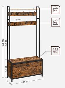 Cuier cu bancuta si suport pantofi Model Cervantes, Maro Rustic/Negru, 85x30x180 cm