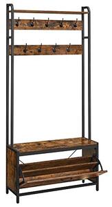 Cuier cu bancuta si suport pantofi Model Cervantes, Maro Rustic/Negru, 85x30x180 cm