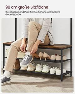 Cuier cu bancuta si suport pantofi Model Hale, Maro Rustic/Negru, 98×35×180 cm