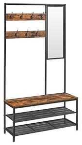 Cuier cu bancuta si suport pantofi Model Hale, Maro Rustic/Negru, 98×35×180 cm