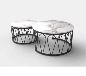 Set 2 masute cafea FORMOSA, alb cu efect de marmura/negru, ceramica/ot