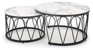 Set 2 masute cafea FORMOSA, alb cu efect de marmura/negru, ceramica/ot