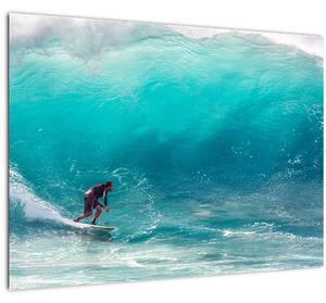 Tablou pe sticlă - Surfer în valuri (70x50 cm)