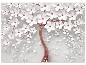 Tablou - Imaginea copacului alb cu flori albe, rosegold (70x50 cm)