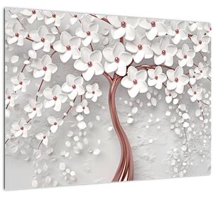 Tablou pe sticlă - Imaginea copacului alb cu flori albe, rosegold (70x50 cm)