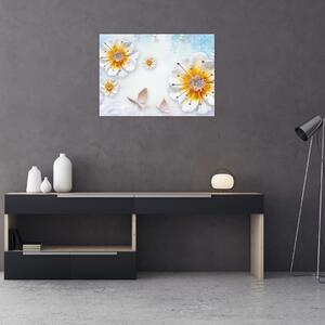 Tablou - Copoziția flori și fluturi (70x50 cm)