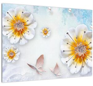 Tablou pe sticlă - Copoziția flori și fluturi (70x50 cm)