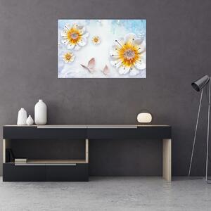 Tablou - Copoziția flori și fluturi (90x60 cm)