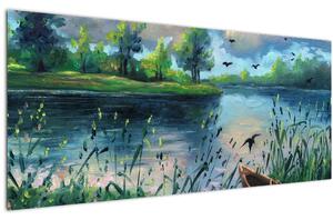 Tablou- Pictură în ulei, seară de vară lângă lac (120x50 cm)