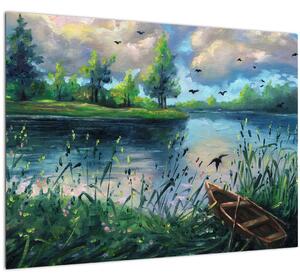 Tablou- Pictură în ulei, seară de vară lângă lac (70x50 cm)