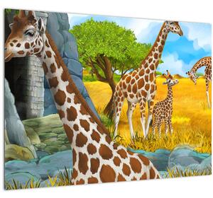Tablou pe sticlă - Familia girafelor (70x50 cm)