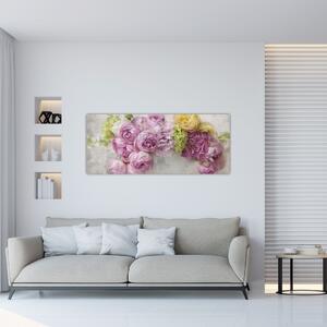 Tablou - Flori pe perete culorile pastel (120x50 cm)
