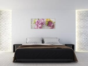 Tablou - Flori pe perete culorile pastel (120x50 cm)