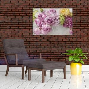 Tablou - Flori pe perete culorile pastel (90x60 cm)