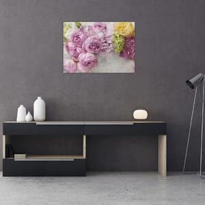Tablou - Flori pe perete culorile pastel (70x50 cm)