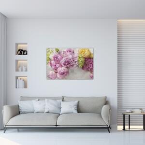 Tablou - Flori pe perete culorile pastel (90x60 cm)