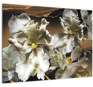 Tablou pe sticlă - Flori de orhidee pe fundal de marmură (70x50 cm)