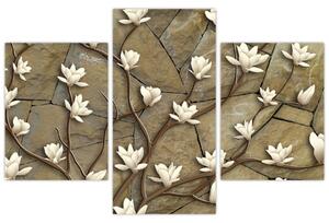Tablou - Magnolii albe pe zidărie de piatră (90x60 cm)