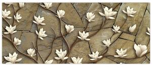 Tablou - Magnolii albe pe zidărie de piatră (120x50 cm)