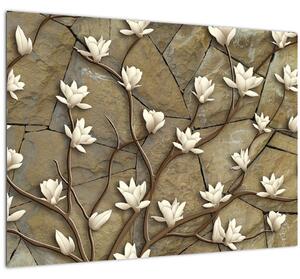 Tablou - Magnolii albe pe zidărie de piatră (70x50 cm)