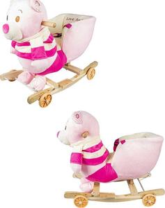 Balansoar pentru bebelusi, Ursulet, lemn + plus, cu rotile, roz, 55 cm