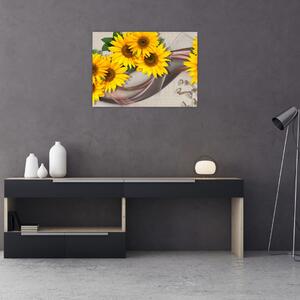 Tablou pe sticlă - Flori strălucitoare de floare soarelui (70x50 cm)