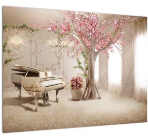 Tablou pe sticlă - Interior de vis cu pian (70x50 cm)