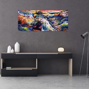 Tablou - Navă pe valurile oceanului, aquarelă (120x50 cm)