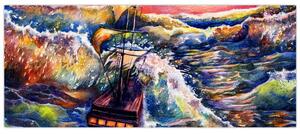 Tablou - Navă pe valurile oceanului, aquarelă (120x50 cm)