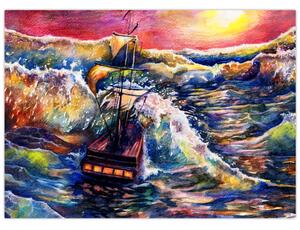 Tablou - Navă pe valurile oceanului, aquarelă (70x50 cm)