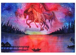Tablou - Apariția cailor spațiali peste lac, acuarelă (90x60 cm)