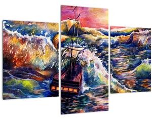 Tablou - Navă pe valurile oceanului, aquarelă (90x60 cm)