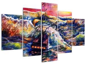 Tablou - Navă pe valurile oceanului, aquarelă (150x105 cm)