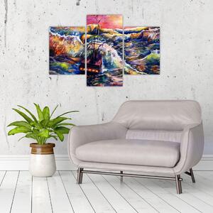 Tablou - Navă pe valurile oceanului, aquarelă (90x60 cm)