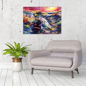 Tablou - Navă pe valurile oceanului, aquarelă (70x50 cm)