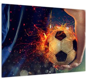 Tablou pe sticlă - Minge de fotbal în flăcări (70x50 cm)
