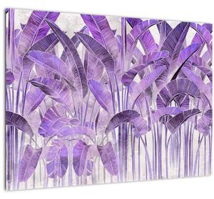 Tablou pe sticlă - Frunze violet în tencuială (70x50 cm)