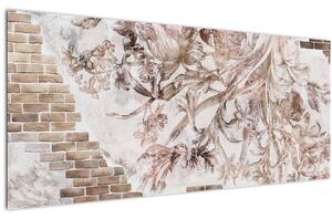 Tablou - Frescă florală pe un perete de cărămidă (120x50 cm)
