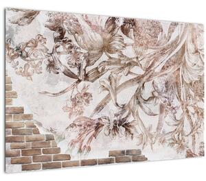 Tablou - Frescă florală pe un perete de cărămidă (90x60 cm)