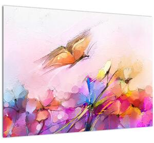 Tablou pe sticlă - Fluture asupra florilor, abstracție (70x50 cm)