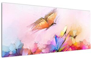 Tablou - Fluture asupra florilor, abstracție (120x50 cm)