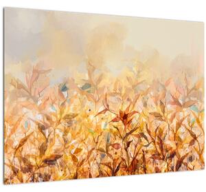Tablou pe sticlă - Frunze în culori de toamnă, pictură în ulei (70x50 cm)