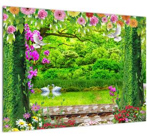 Tablou pe sticlă - Grădina magică cu lebede (70x50 cm)