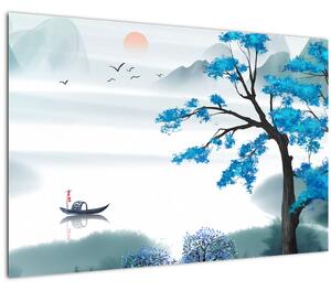 Tablou - Pictură, lac cu barcă (90x60 cm)